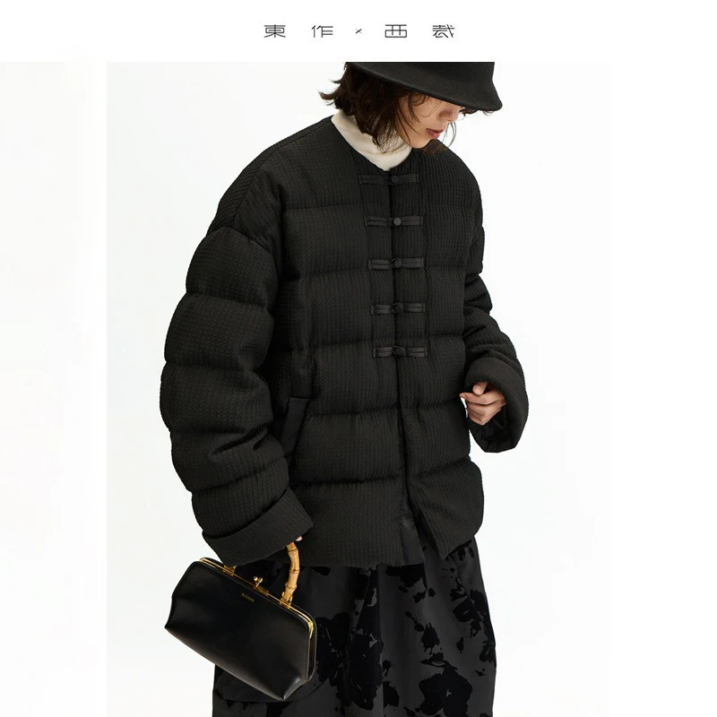 

Goose down ~ New Chinese Style Silk Crepe De Chine 90% down Jacket for Women, Slim Fit, Round Neck, Autumn and Winter New Style, Warm Black Coat