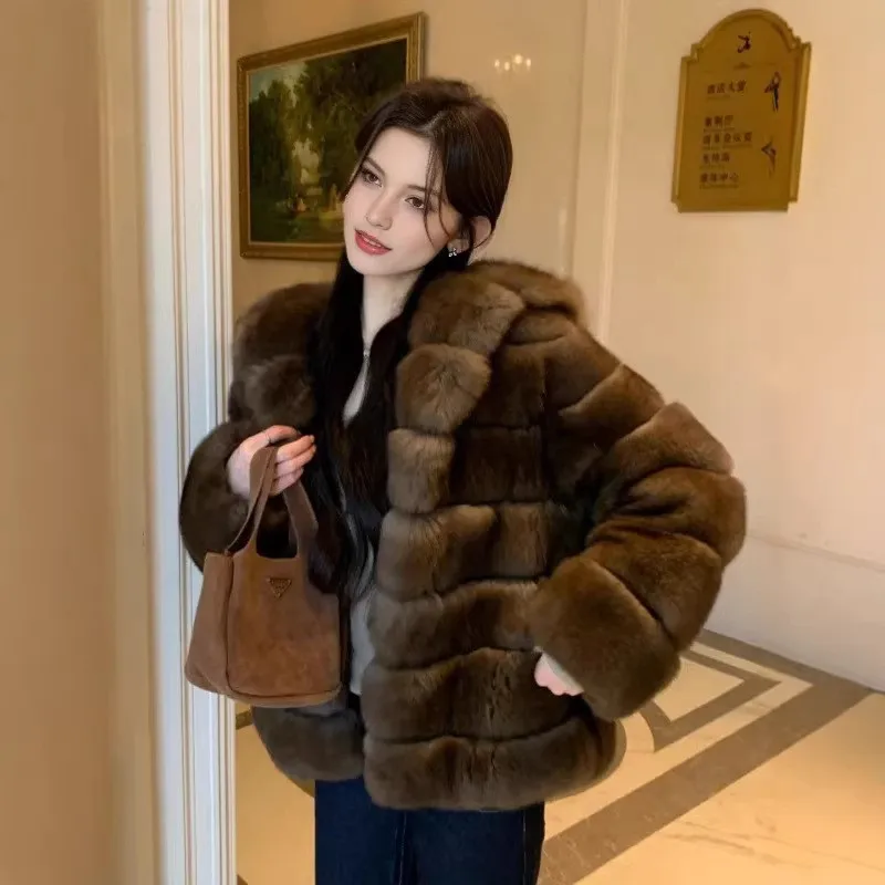 A classic and warm women's hooded purple leather fur coat