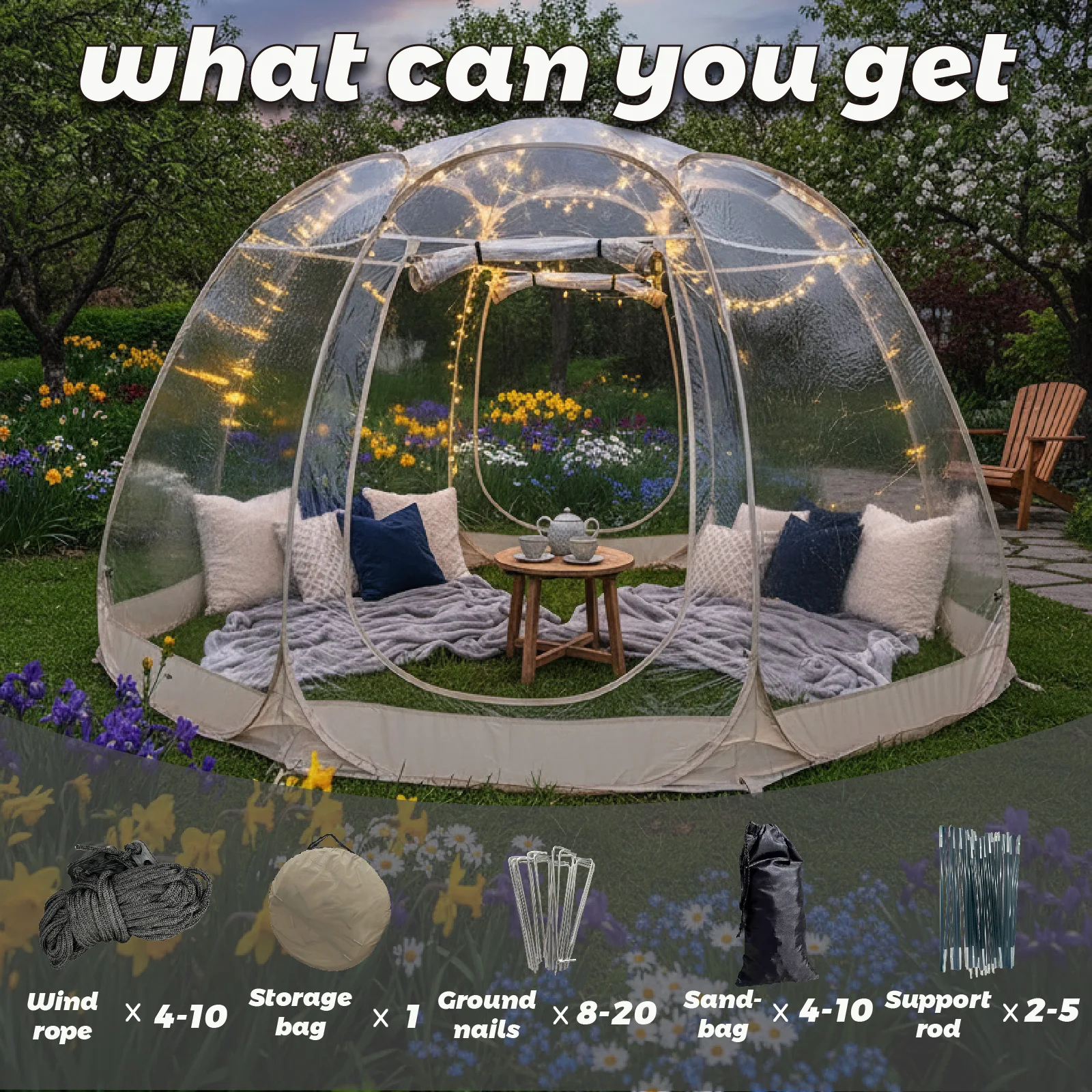 2-4 Person Wide-View Bubble Tent, Clear Pop Up Panoramic Dome Shelter, Transparent Outdoor Gazebo