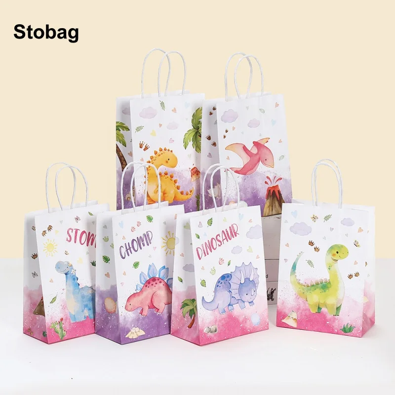 

StoBag 24pcs Cartoon Dinosaur Kraft paper Gift Tote Packaging Bags Children for Candy Storage Baking Pouch Birthday Party Favors