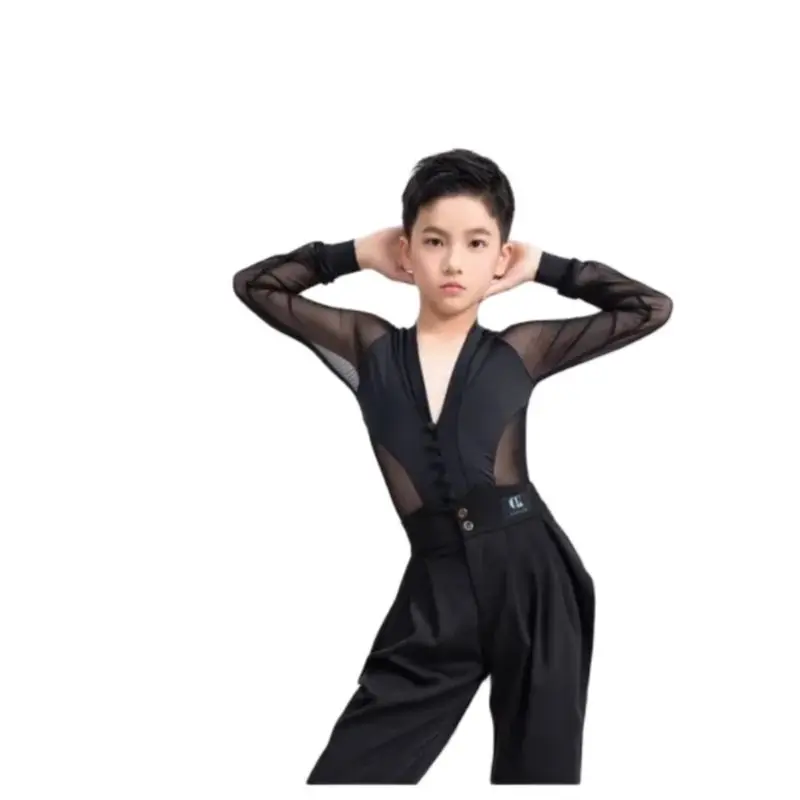 1pcs/lot Fashion Latin Dance Costumes boys Black white Long Sleeve Shirts Bodysuit Ballroom Dancing top