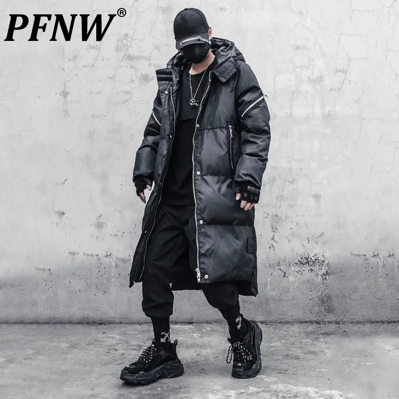 PFNW Men\'s Darkwear Yamamoto Punk Long Down Jacket Winter New Niche Zipper Thicken Cotton Padded Hooded Tide Bread Coat 12Z5147