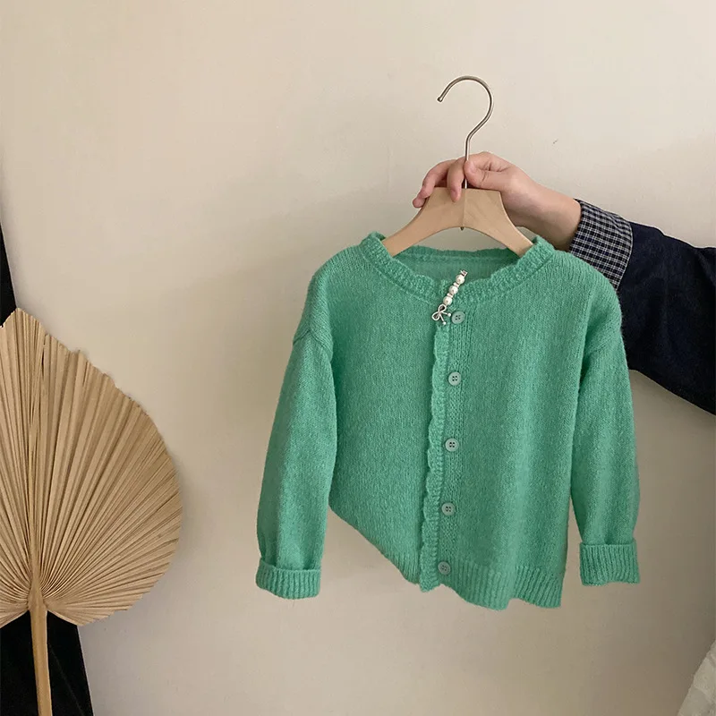 Children's Knitted Cardigan Lace Collar 2025 Spring and Autumn New Floral Long Sleeve solid color sweater