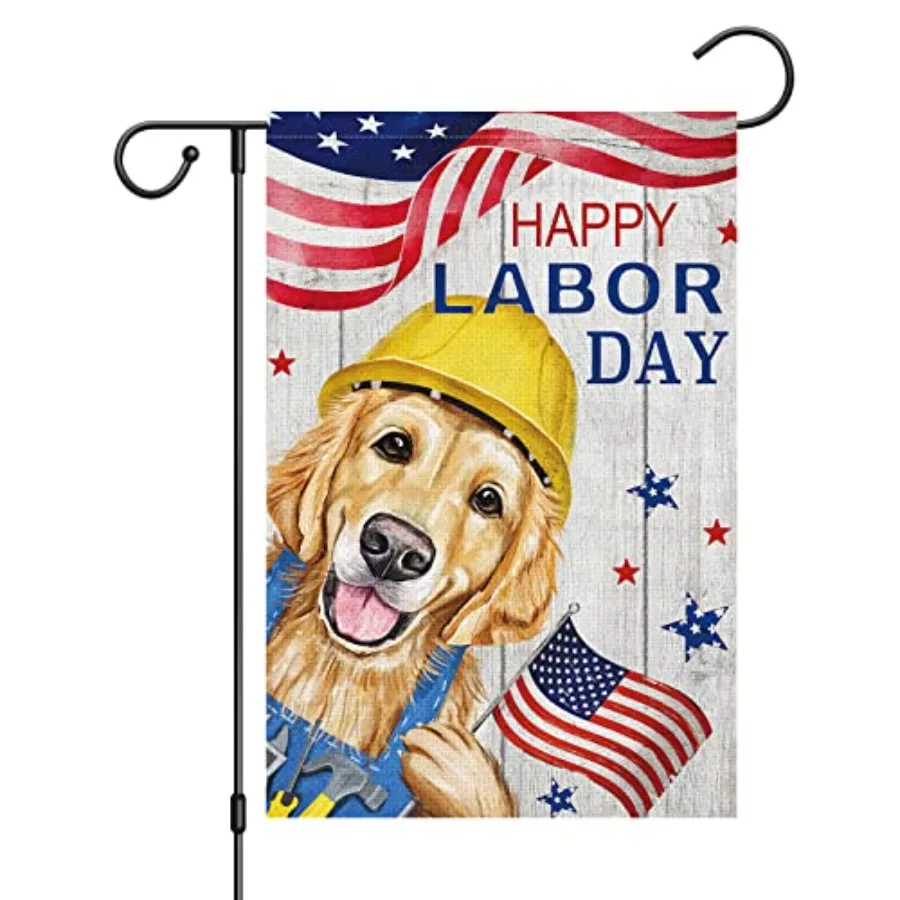 Happy Labor Day Garden Flag 12x18 Double Sided Vertical, Burlap Small Golden Retriever Dog Yard House USA Banner Outdoor Outsid