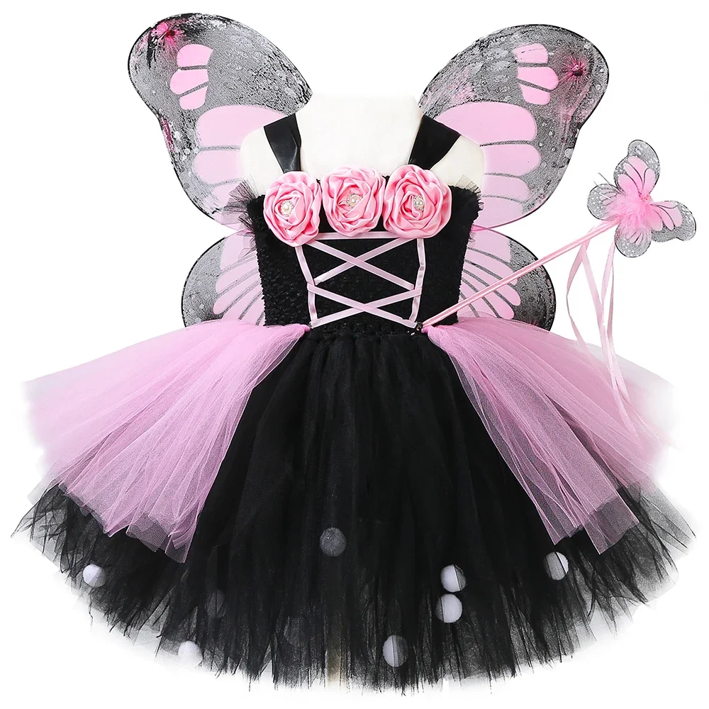 Monarch Butterfly Tutu Dress with Wing Fancy Girls Princess Tulle Dress Carnival Halloween Fairy Dress Up Costume for Kids 1-14Y