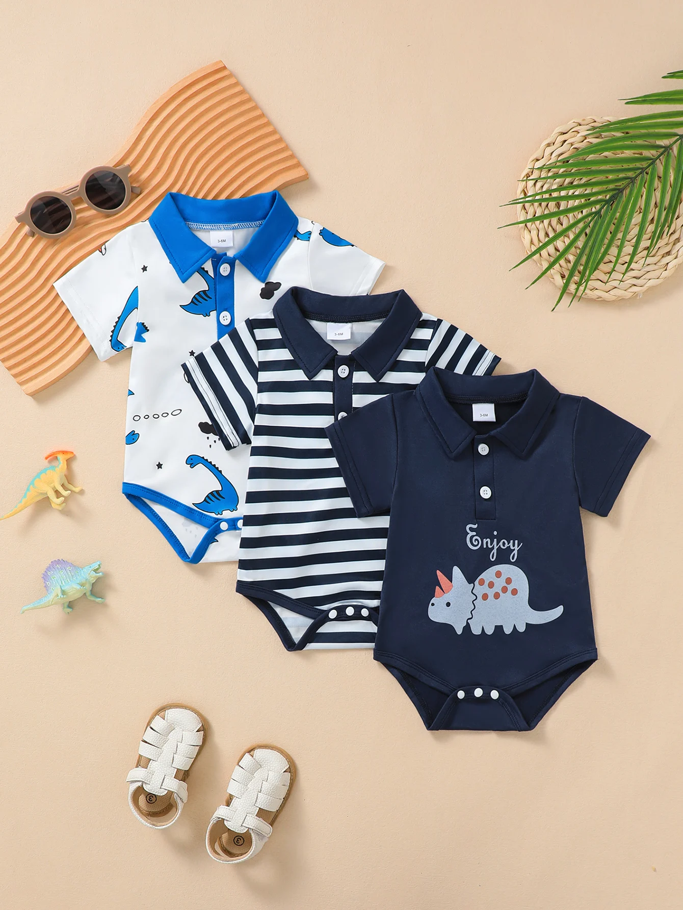 3PC Set Baby Boy Spring Summer Fashionable Cute Cartoon Dinosaur Striped Print Triangle Romper Suit Newborn Clothing Ensemble