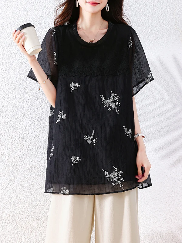 

Bla Embroidered ort Sve irt Women's Loose Casual Faion Summer New Sle Large Size Top Comfortable Breathable