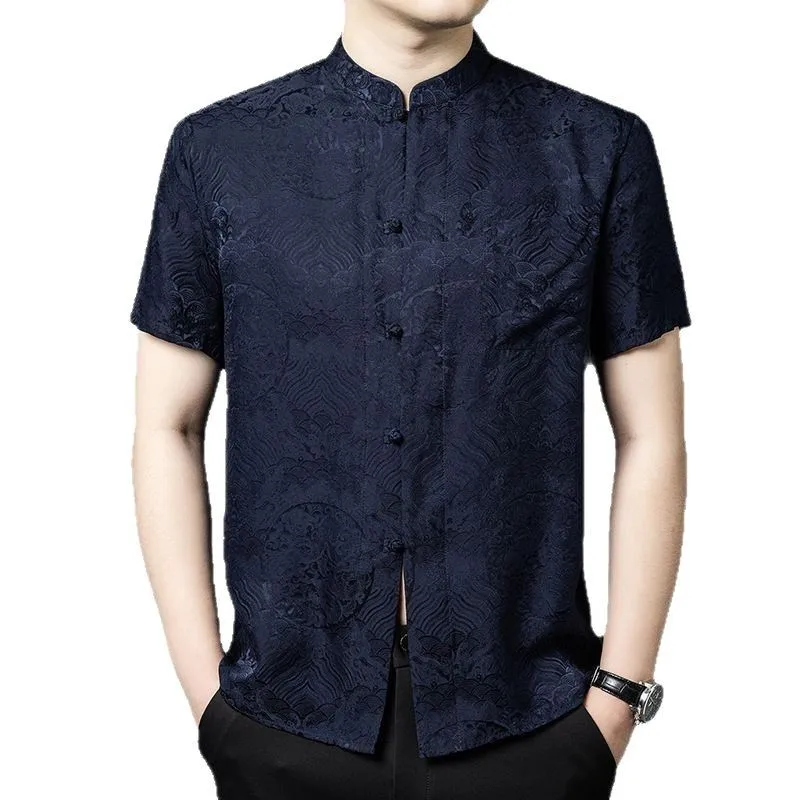 عالية الجودة الحرير الحقيقي الرجال دعوى قصيرة الأكمام قميص منتصف العمر فضفاض عارضة الجاكار النمط الصيني أبي الرجال