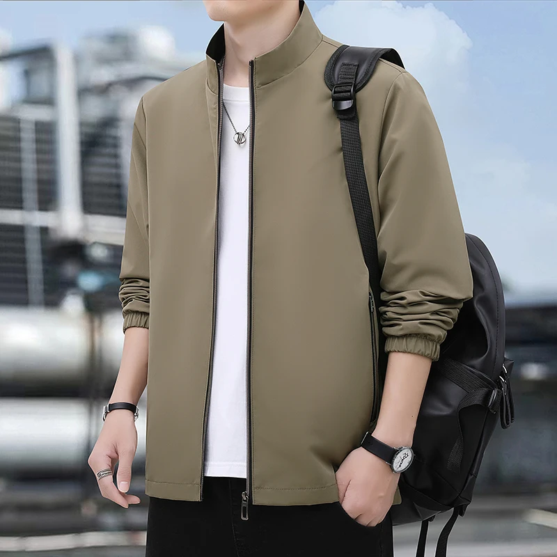 New Men's Business Jacket Casual Fashion Solid Color Internal Pocket Design Stand up Collar Windproof Coat Simple Men's Clothing