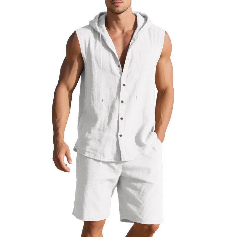 

Summer Men's Summer Loose Casual Simple Hooded Sleeveless Shirt Shorts Two-piece Set