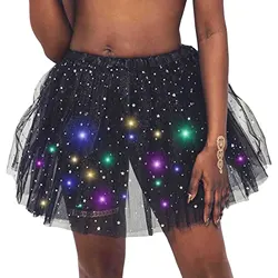 Halloween Cosplay Women Star Sequins Mesh Pleated Tulle Princess Skirt With LED Skirt Party Dancing Miniskirt Costume Clothing