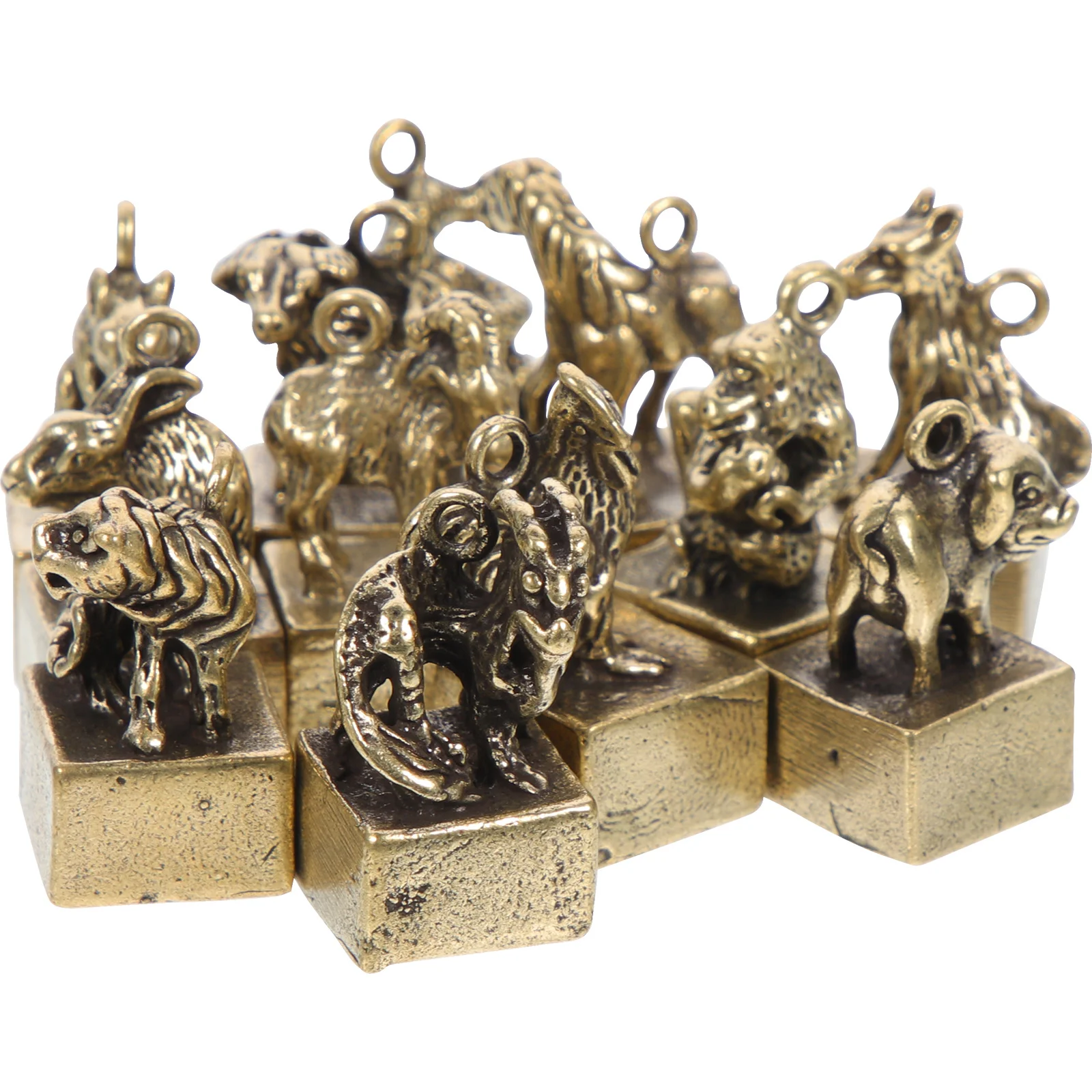 

12Pcs Vintage Brass Zodiac Figurines Chinese Animal Sculpture Desktop Decoration Key Chain Charms Chinese Zodiac