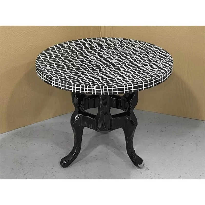 Vintage style round black and white plaid print glossy engraved solid wood tripod legs living room side table