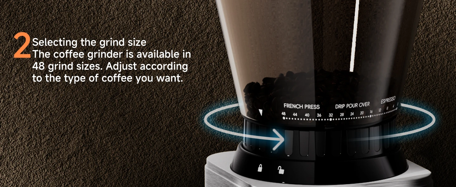 BioloMix Professioneller konischer Gratmühle, 48 einstellbare Einstellungen mit abnehmbarem Halter für Espresso-Tropfen und French-Press – Detail 12