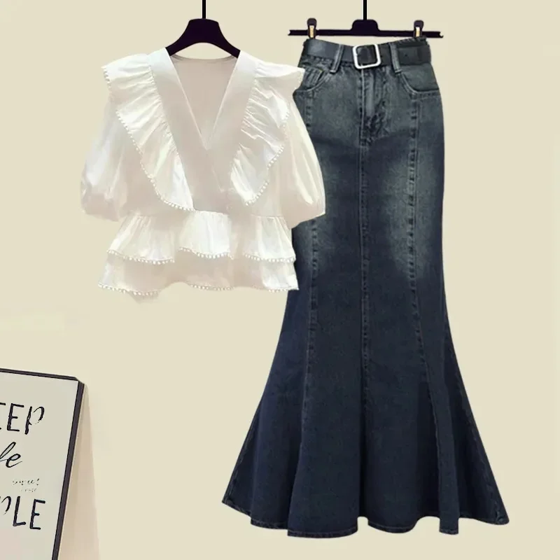 

Plus Size Dress Sets Women Fashion Slim Ruffled V-neck Short Sleeve Tops +High Waist Denim Mermaid Skirts Korean Two Piece Set