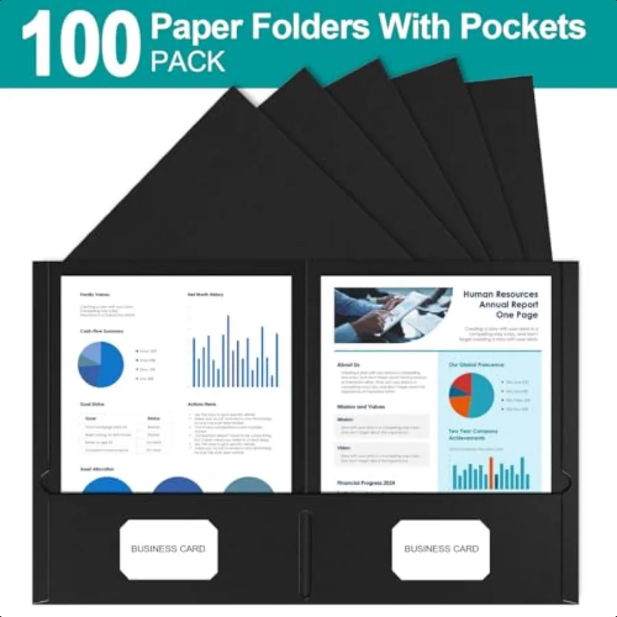 Two Pocket Folders 100 Pack 2 Pocket Folders Fit Letter Size Paper Black Paper File Folders with Pockets for School Office Home