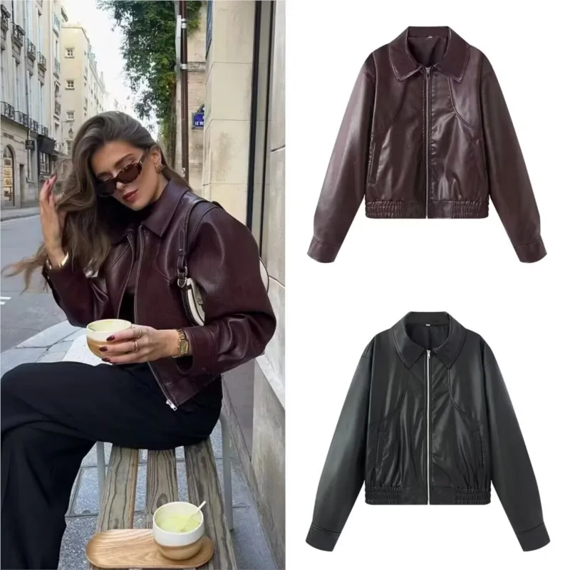 Women Jacket with Zipper Autumn Fashion European style Long Sleeve Lapel Collar Women's Leather Coats Female Chic Tops