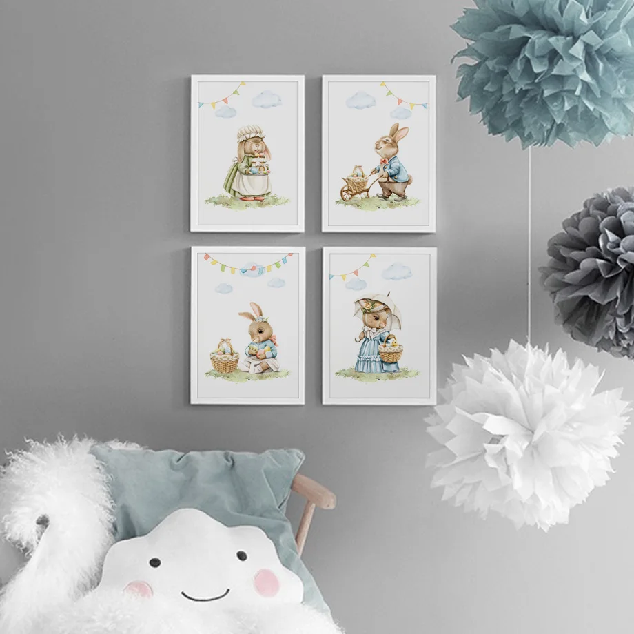 Cartoon Rabbit Nordic Posters And Prints Woodland Farm Animals Canvas Painting Bunny Nursery Wall Art Baby Kids Room Home Decor