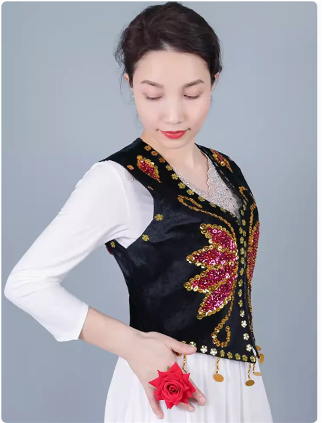 Xinjiang Dance Dress Vrouwelijk Volwassen Vest Etnische Stijl Glitter