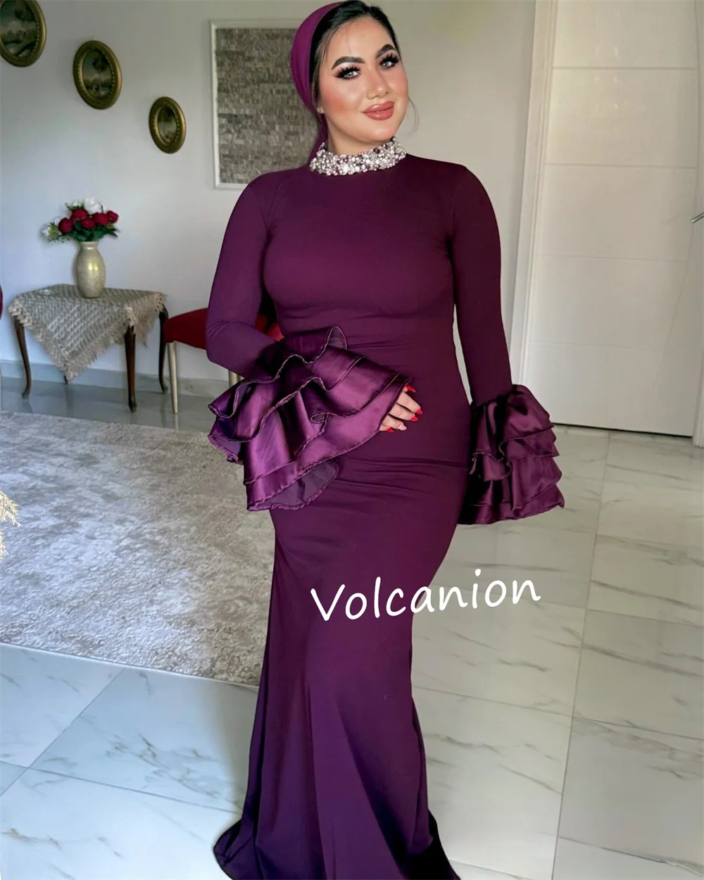 Jersey personalizado rebordear volante vaina cuello alto vestidos largos ocasión a medida fiesta de noche clásico Formal elegante