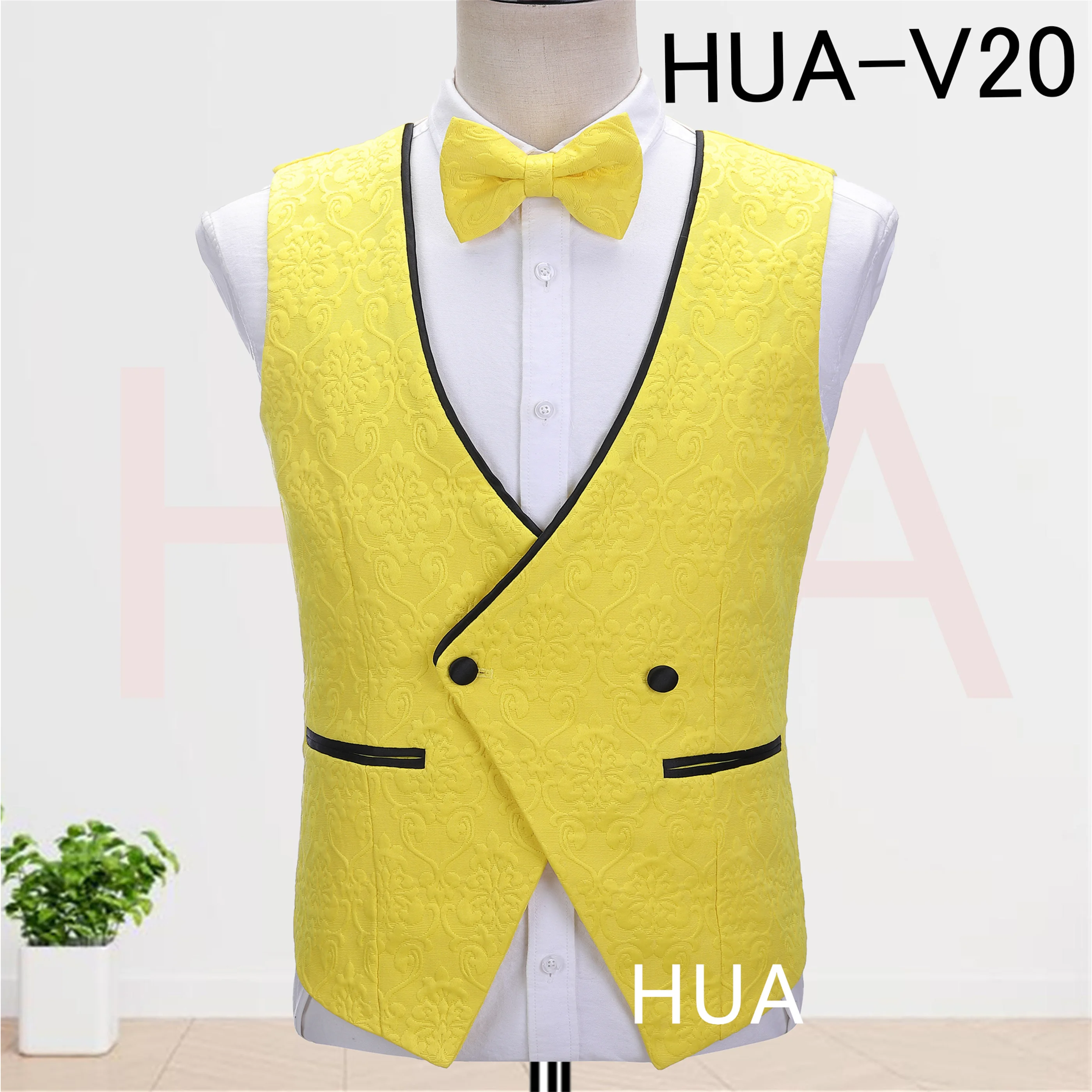 

Thorndike 2026 High Quality Yellow Jacquard Men VestNeck with Black Satin Trim Groomsmen Best Man Wedding Tuxedos Vest Elegant