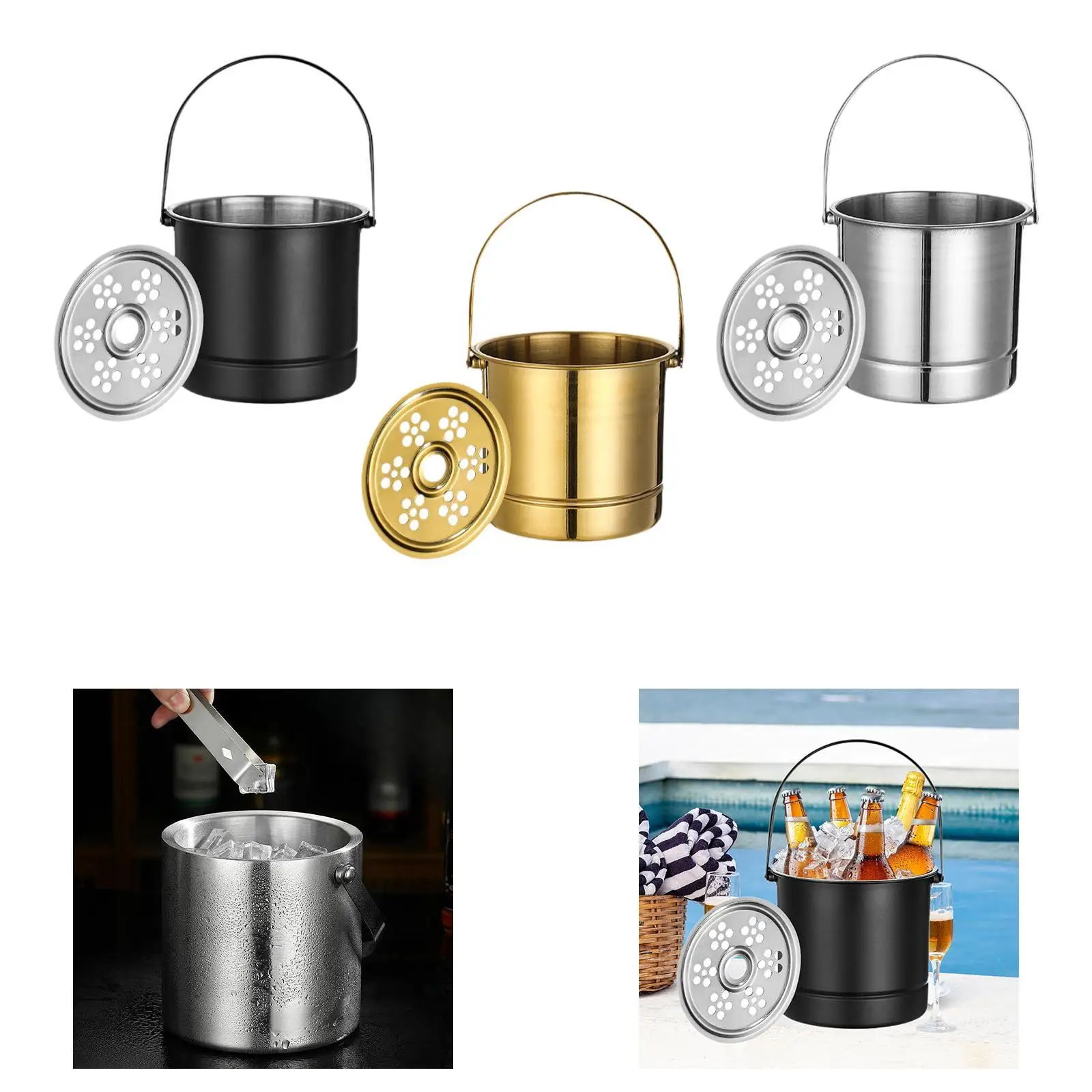 

Ice Bucket 1L with Handle Double Wall Vacuum Insulation Metal Beverage Tub for Picnic, Indoor Outdoor, Restaurant Household BBQ