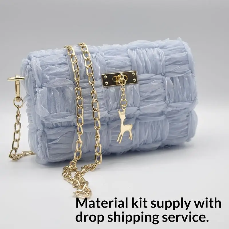 Light Blue Woven Crossbody Bag Handmade Gold Chain Deer Pendant Chic Casual Shoulder Purse for Outdoor Activities - view 4