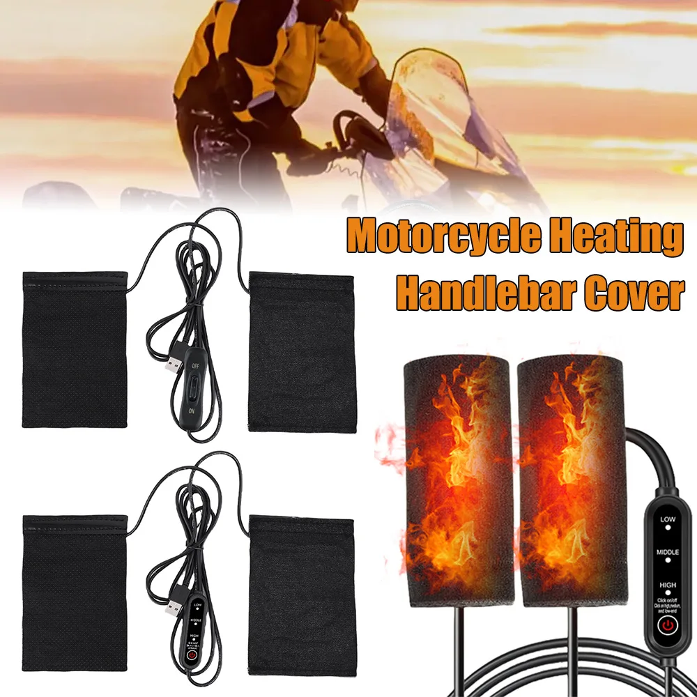 12V 3 Gears USB Motorcycle Heated Handgrips Adjustable Thermal Electric Heated Grip Cover Anti Slip Handlebar Heater Warmer Kit