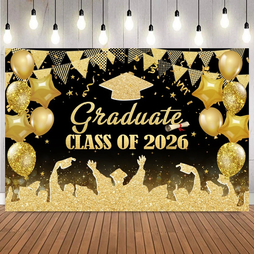 Class Of 2026 Graduation Backdrop Gold Glitter Cap Diploma Balloon For Graduation Celebration Party Photo Background Props