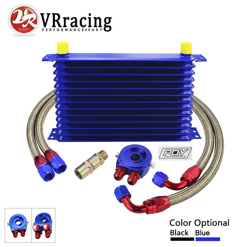 VR - Universal 13 Rows Trust Type Oil Cooler + Oil Filter Sandwich Adapter + Stainless Steel Braided Hose With Hose End Fittings