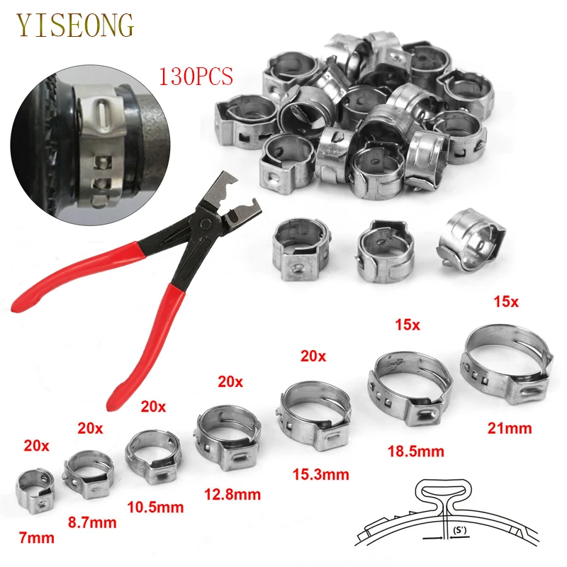 130pcs Single Ear  Hose Clamps  Hose Clip Clamp Pliers 7-21mm Tool kit 304 Stainless Steel Hose Clamps  Clips