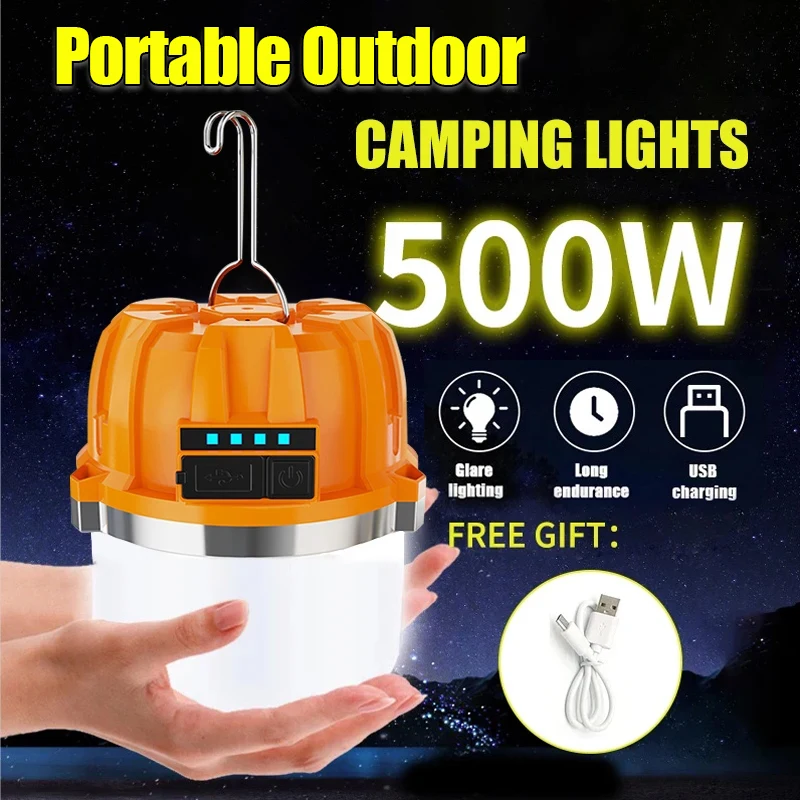 Outdoor Type-c Rechargeable LED Lamp Super Bright Emergency Light with Power Display Hook Up Camping Fishing Portable Lantern