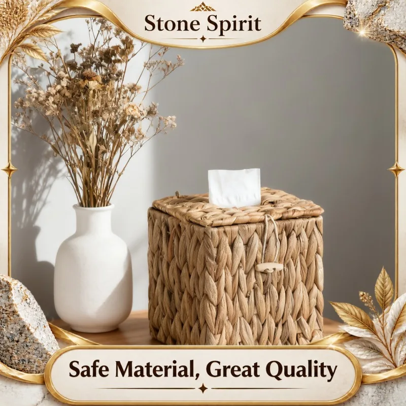Natural Water Hyacinth Woven Tissue Box Cover 14cm,Rattan Style Paper Holder with Buckle,Organizer for Living Room Bedroom Decor