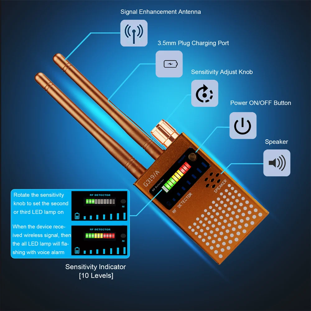 G319A detección de señal Rf inalámbrica, rastreador GPS, Detector antirrobo, escáner de equipo espía, WiFi, GSM, Audio, detección de insectos