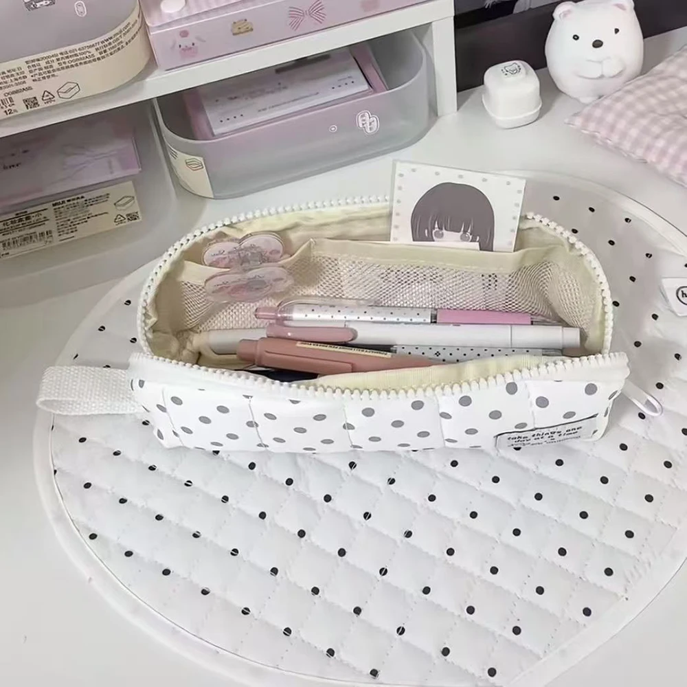 Korean white polka dot pencil case, ins minimalist student pencil case, portable handheld desktop stationery storage bag