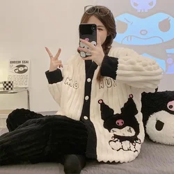 Kawaii Sanrioed Kuromi Women's Pajama Set Anime Cartoon Coral Velvet Cardigan Thickened Long Sleeve Warm Pajamas Winter Homewear