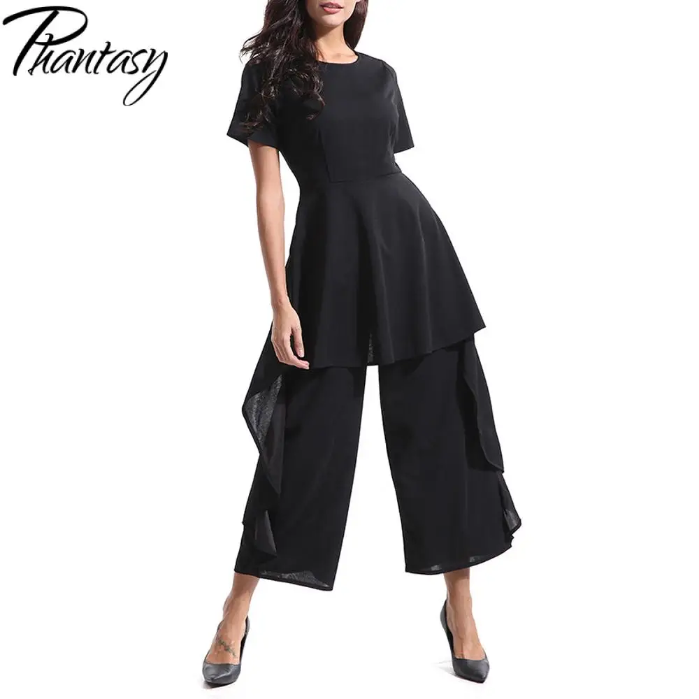 Phantasy Fashion Office Lady Jumpsuit Elegant Slim Wide Legs Jumpsuit Women Black Bodysuit Short Sleeve Romper Casual Streetwear