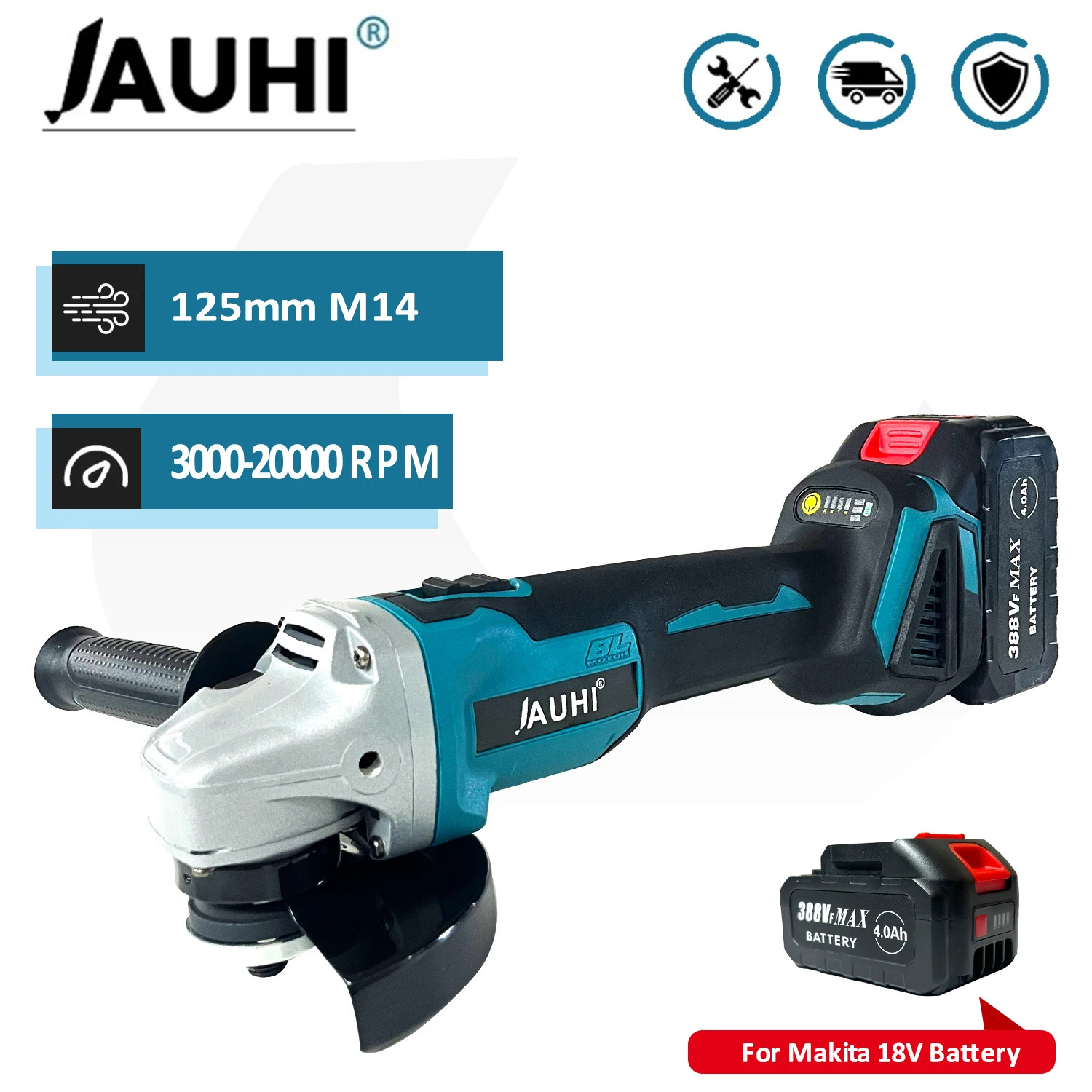 JAUHI 125MM Brushless Cordless Electric Angle Grinder 4 Speed Cutting Machine DIY Woodworking Power Tools For Makita 18V Battery