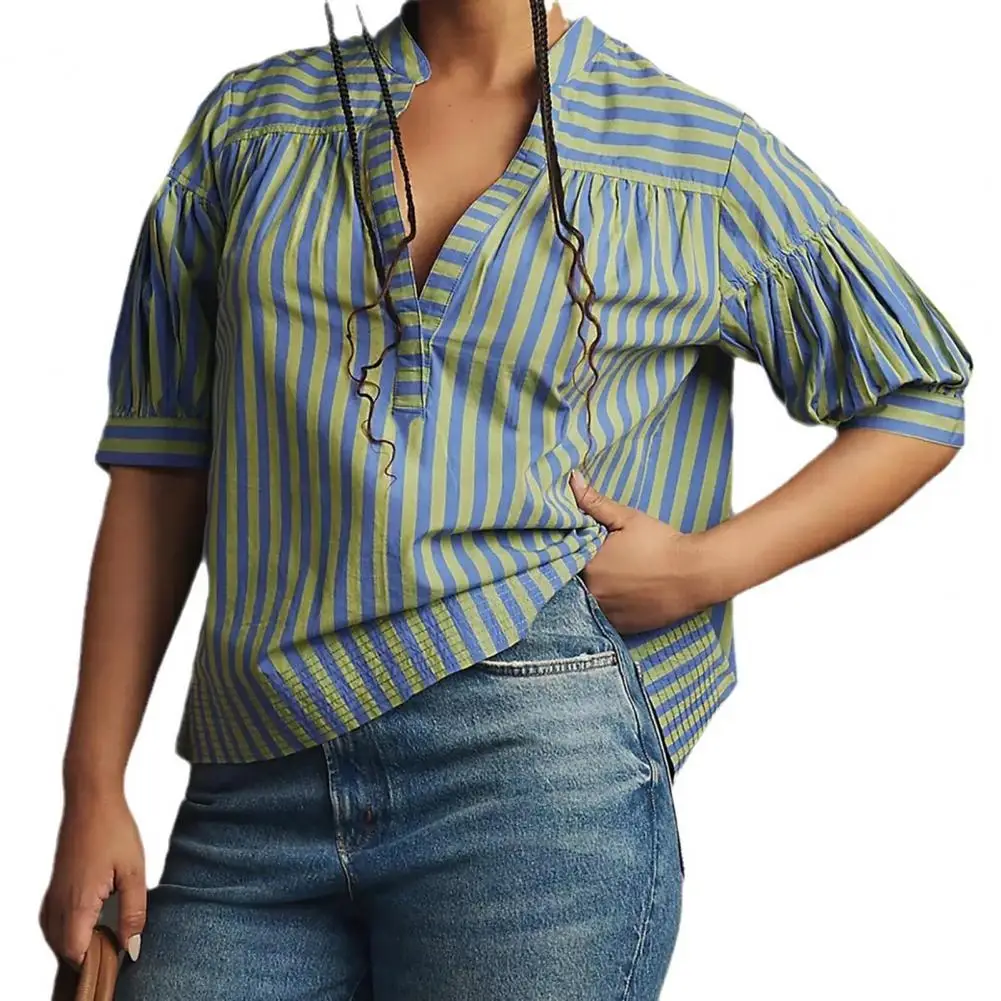 

Casual Lantern Sleeve Shirt Striped Print V-neck Lantern Sleeve Women's Shirt Loose Fit Summer Top for Daily Wear Stylish Short