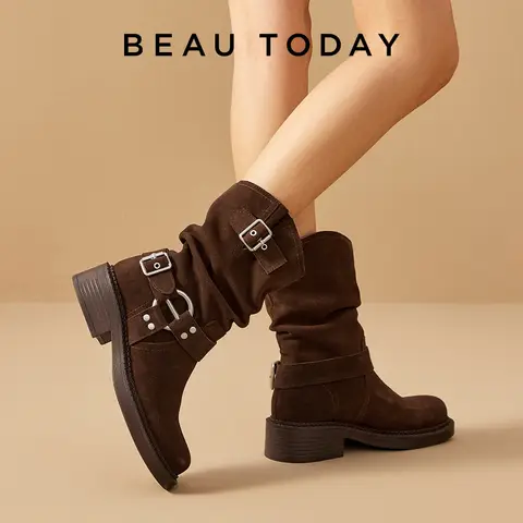 BEAUTODAY Mid-Calf Boots Women Cow Suede Metal Buckle Decoration Vintage Western Knight Boots Female Handmade 06158
