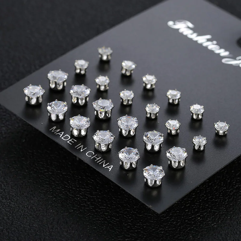 12 Pairs Shiny Zircon Stud Earrings Set for Women Men Daily Versatile Chic Silver Color Crystal Ear Jewelry Accessories