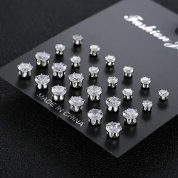 12 Pairs Shiny Zircon Stud Earrings Set for Women Men Daily Versatile Chic Silver Color Crystal Ear Jewelry Accessories