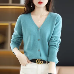 Knitted Cardigan Women's Thin Sweater Coat 2022 Spring Autumn New Style Woolen Sweater Round Neck Top Loose Outer Wear All-Match