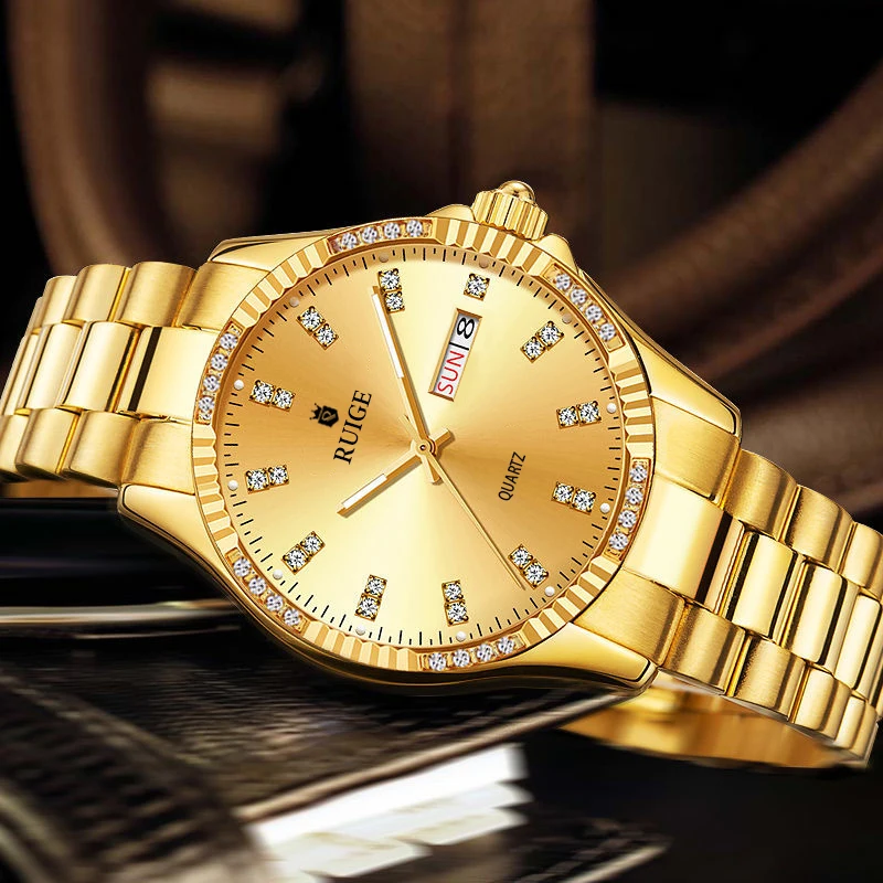 루이게 럭셔리 듀얼 캘린더 남성용 시계 스테인리스 스틸 야광 방수 비즈니스 남성용 골드 시계