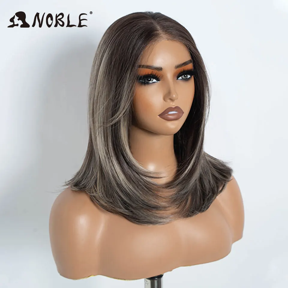 Edle synthetische Lace-Front-Perücke, 13x3, mit freiem Scheitel, vorgezupfte Bob-Perücke, 16 Zoll, gerade, gestuft, Ombre-Grau, Lace-Front-Perücken für Damen – Detail 7