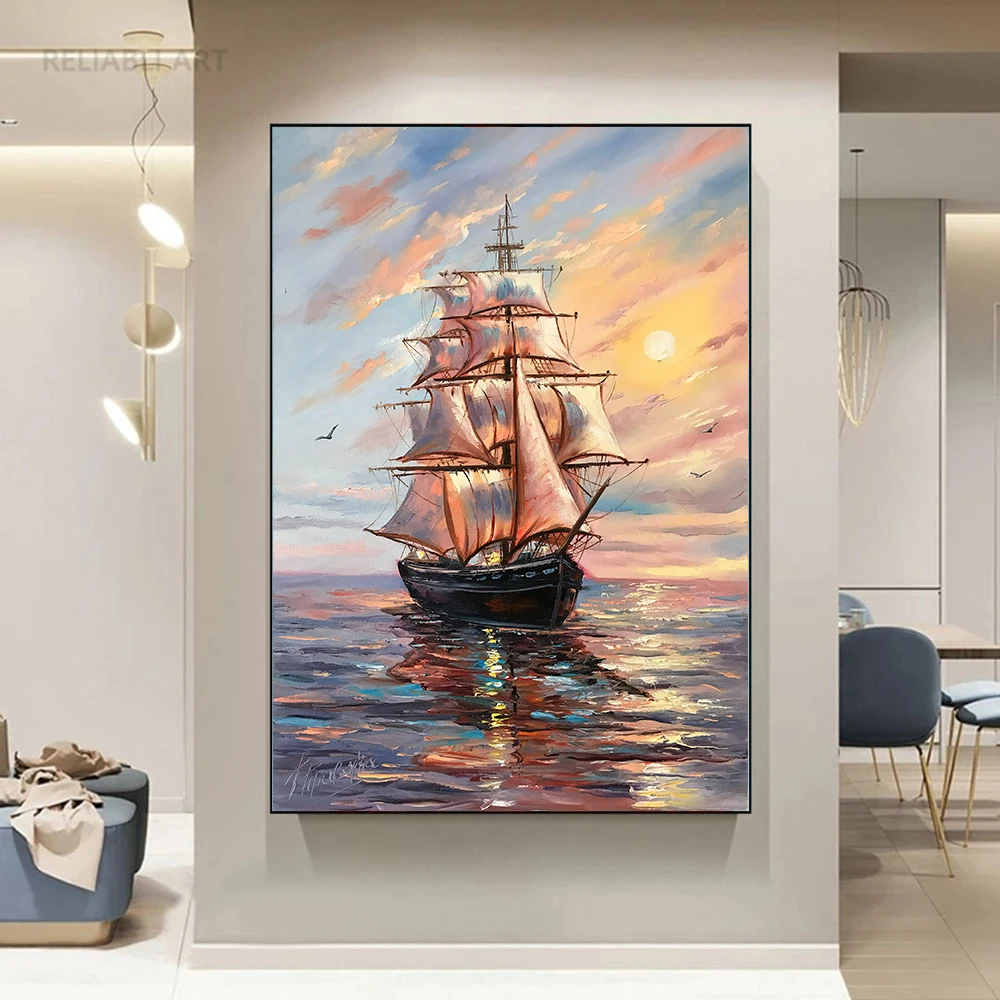 Abstract Ship Canvas Painting Sailing Wall Art Sail Boat Wall Art Seaside Wall Decor Sea Sunset Poster Living Room Decor Unframe