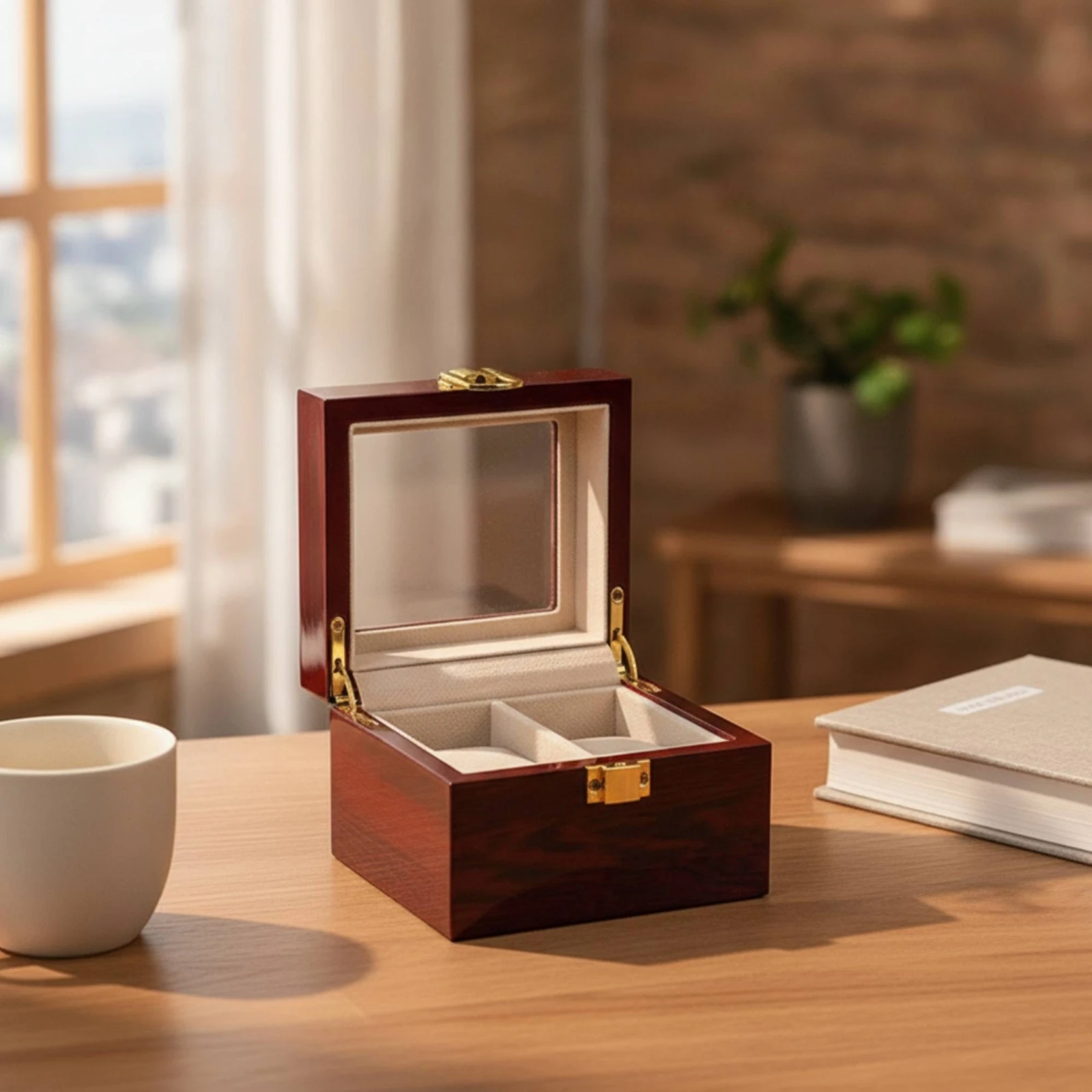 Watch Storage Box with Glass Window Solid Wood Watch Display Case with Glass Lid Transparent Rectangular for Men, Dresser