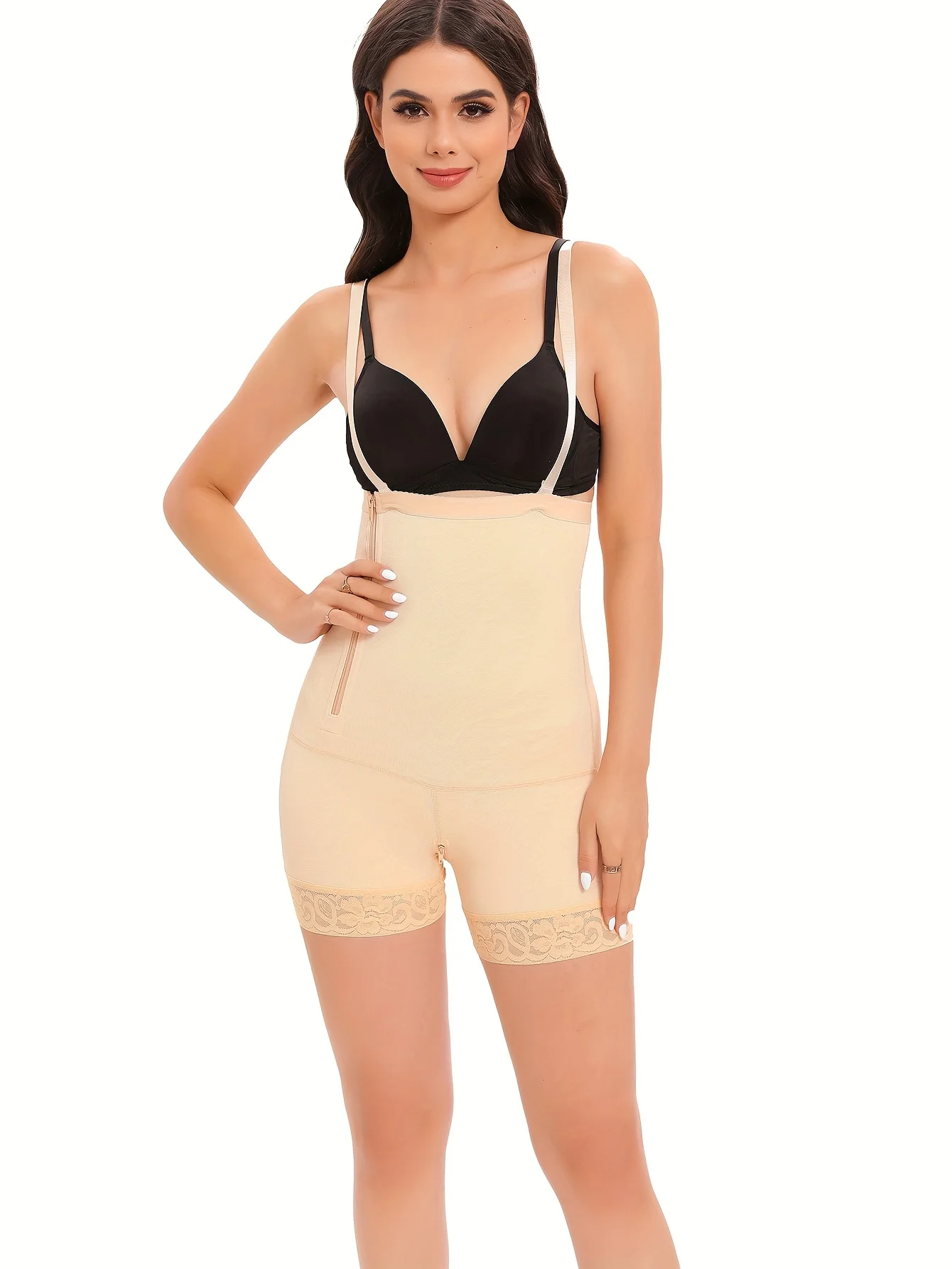 

Женское корректирующее боди с высокой талией, боковой молнией, регулируемыми бретелями, кружевной отделкой, эффектом утяжки живота и подтяжки ягодиц