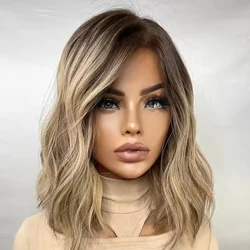 Authentic European Blonde Synthetic Wig Brown Root short wig Jewish Hair 13x4 Lace Front Wig For Women Daily Party Use
