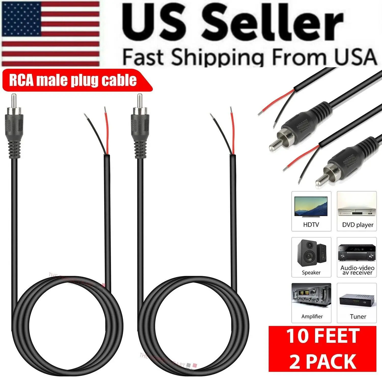 2-Pack 10ft RCA Male Plug To Bare Wire Audio Speaker Cable – 24AWG Pure Copper Repair Cord for HDTV, Subwoofer, Stereo Receiver, Amplifier & Home Theater Systems, PVC Flexible Replacement Wire
